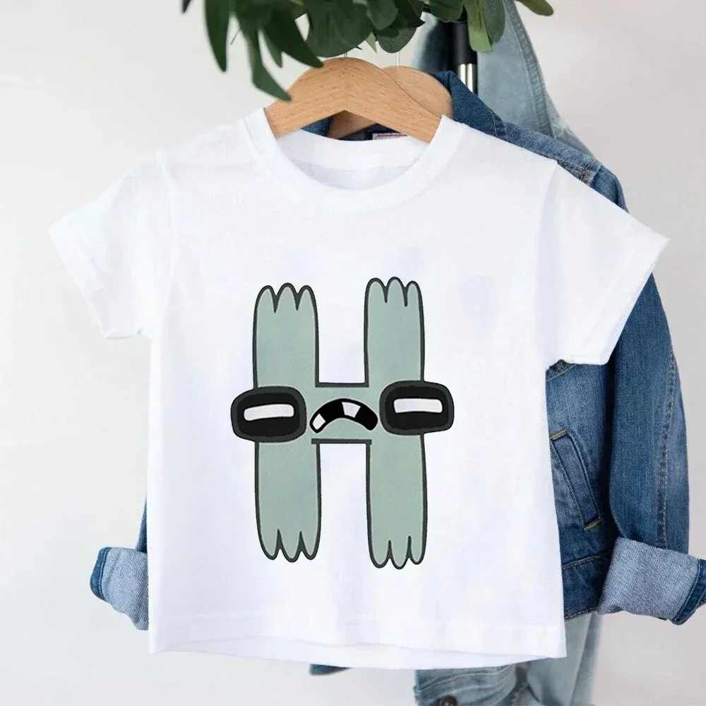 Kawaii الأبجدية لور أنيمي لعبة تي شيرت للأطفال قصيرة الأكمام a B C D E F G بنين بنات الأطفال هدية عيد ميلاد الملابس