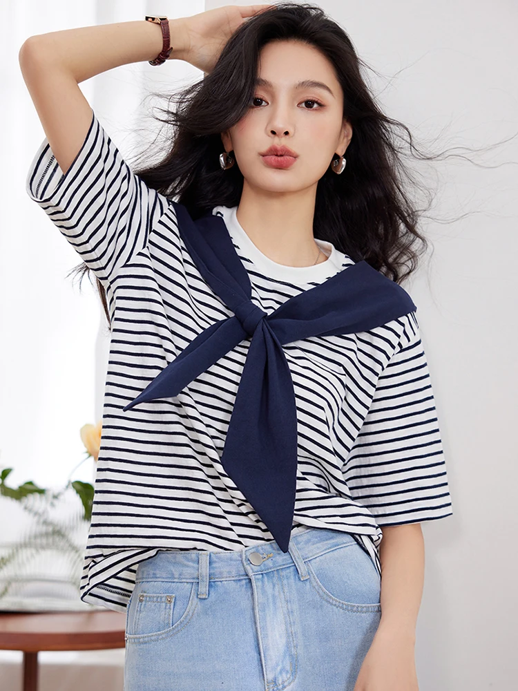 2024 Women's Clothing Loose Round Neck Fake Two Piece Stitching Shawl Striped Short Sleeve T-shirt Fashion Casual Tops