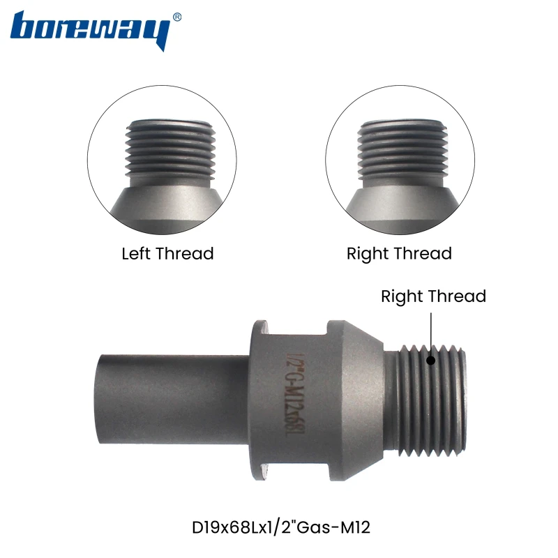 Boreway 다이아몬드 드릴 비트용 연마기 비트 샤프트 어댑터, 1/2 인치 가스 또는 M12 스레드, D19x68L/100L