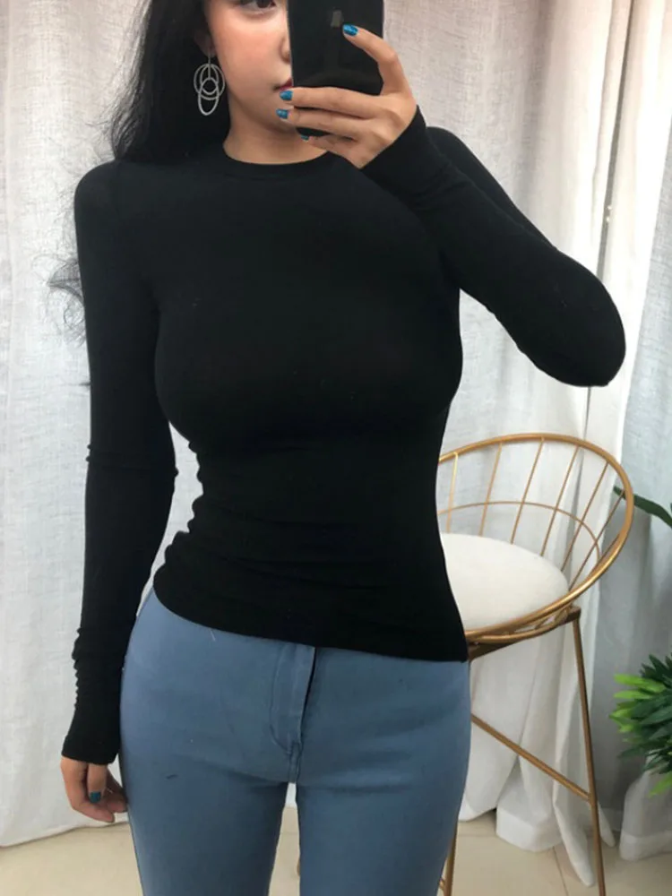 Thin Summer Top Sexy T Shirt Women Elasticity T-Shirt Korean Style Woman Clothes Slim Tshirt Female Casual Long Sleeve Tops