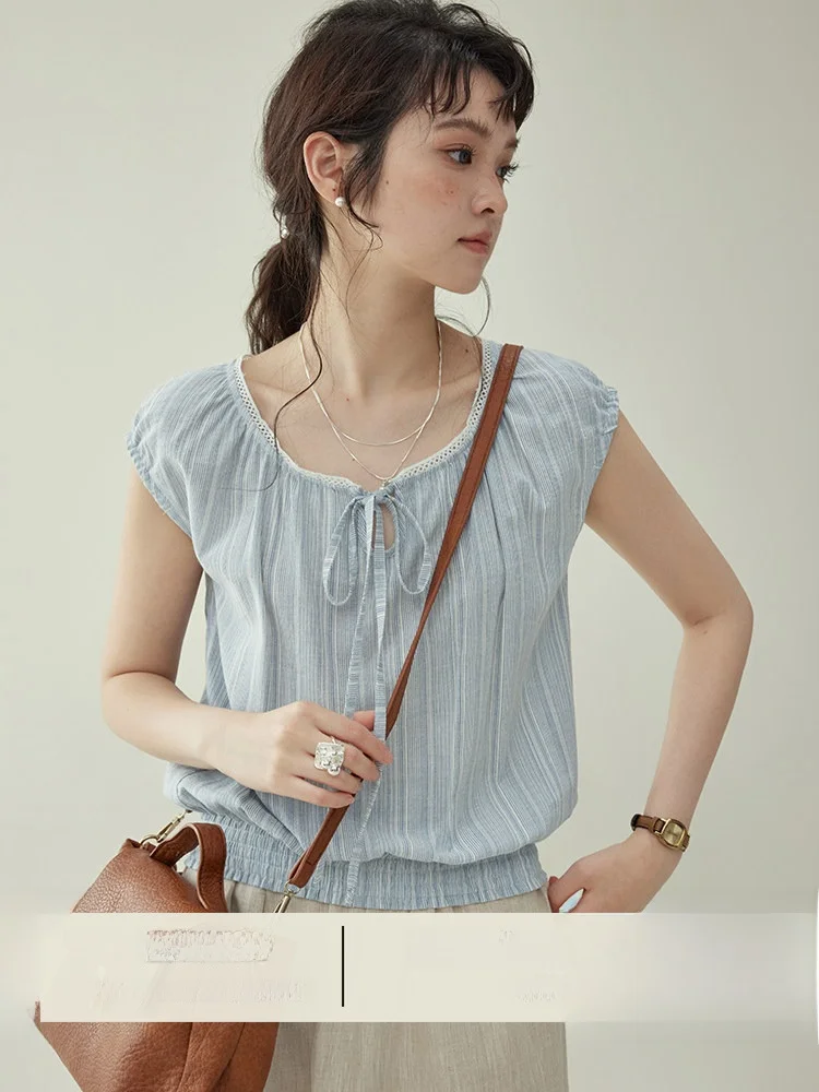 

Original AMUU Women's Striped Elastic Waist Shirt Summer Casual Loose Fit No Sleeve Cotton Top with Tie Design Pure Color