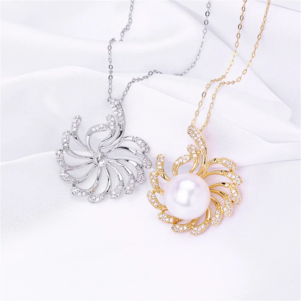 

Domestic 14k Gold Plated Color Preserving Flower Hollowed Out Inlaid Zircon Pearl Necklace Pendant DIY Accessories for Women