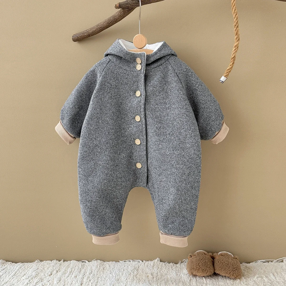 

Baby Boys Woolen Jumpsuits Newborn Girls Hooded Rainbow Printed Rompers Winter Warm Bodysuit Clothes
