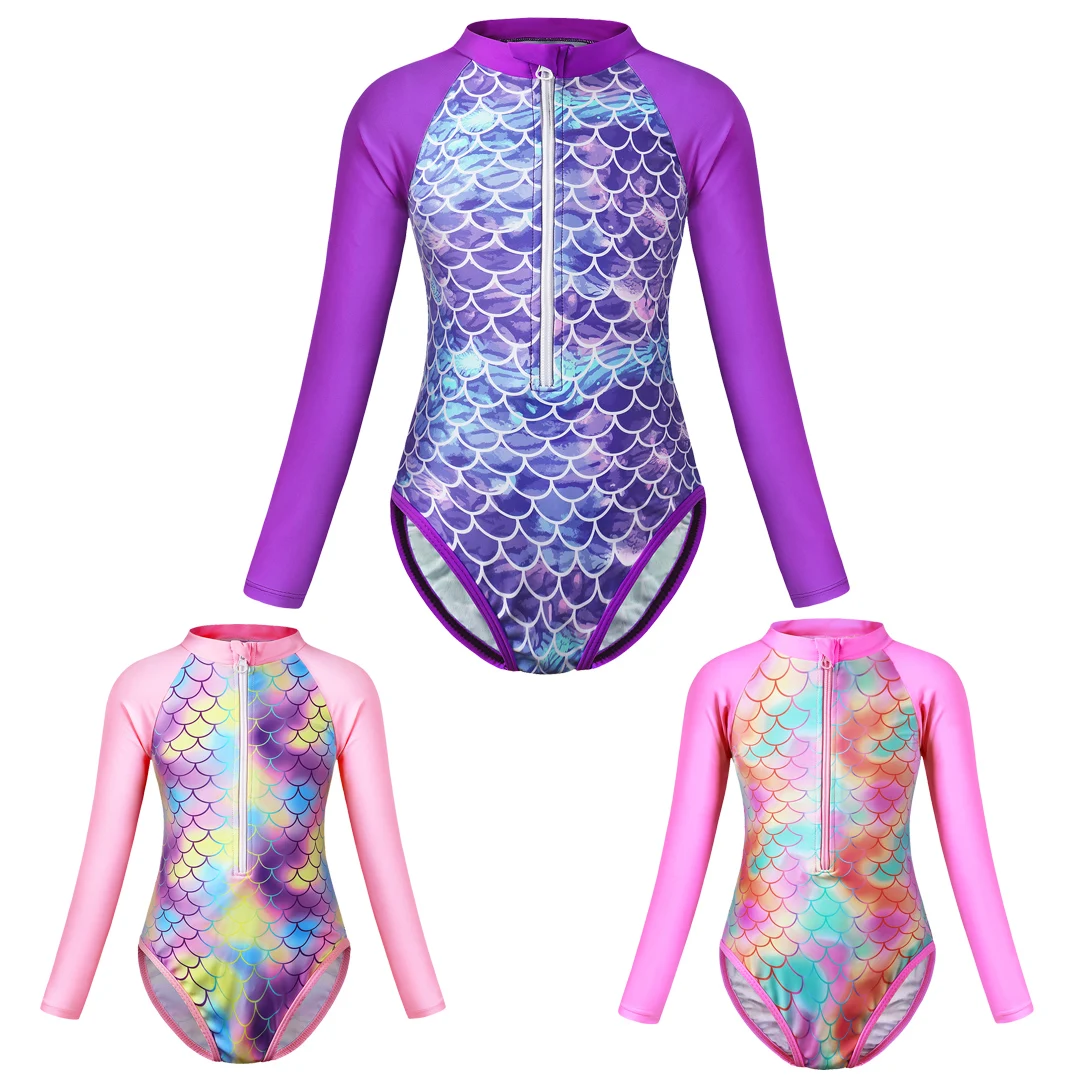 Jurebecia 3-10 Year Old Girl'S One-Piece Swimsuit Summer Long Sleeved Sun Protection 3D Printed Triangle Pants Swimsuit