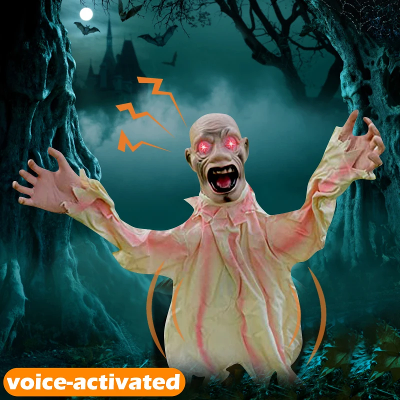 Halloween Swing Ghost Voice Control Decorative Scary Halloween Props Zombie LED Eyes Spooky Sound Party Outside Garden Graveyard