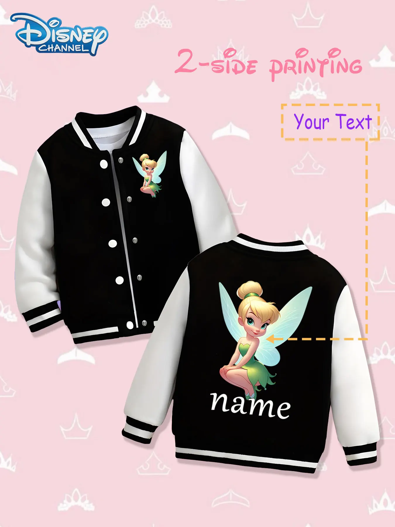 

MINISO Disney Tinker Bell Kids Baseball Jacket - Tinker Bell's cute image is printed on both sides, conveying a magical fairy at