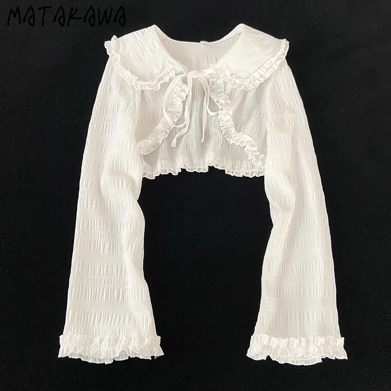 

Matakawa Short Blouses Spring Summer Ruffles Sunscreen Solid Women Shirts Sweet Peter Pan Collar Korean Fashion Blusas Mujer