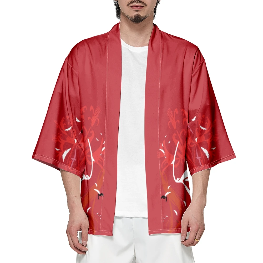 Japanese Style Crow Print Red Kimono Cardigan Cosplay Shirt 2023 Women Men Yukata Beach Haori Traditional Top