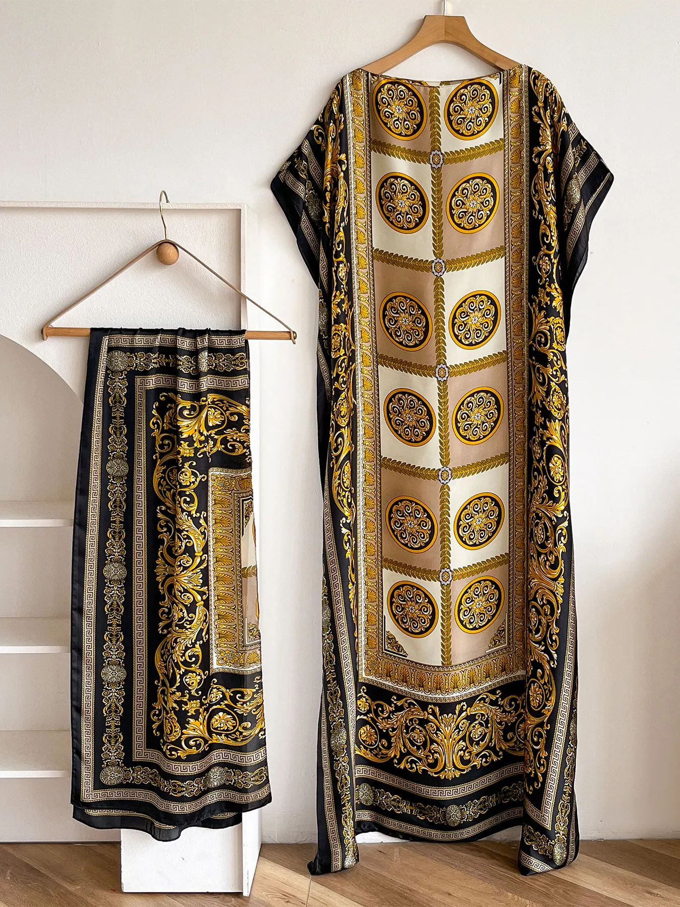Baroque Ornament Print Satin Kaftan for Women, Loose Long Maxi Abaya Dress with Matching Scarf