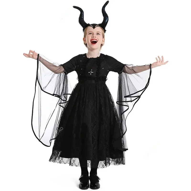 Halloween Witch Dress for Girls Black Evil Queen Cosplay Costume Luxury Lace Ruffles Floor Length Outfits Kids Carnival Frocks