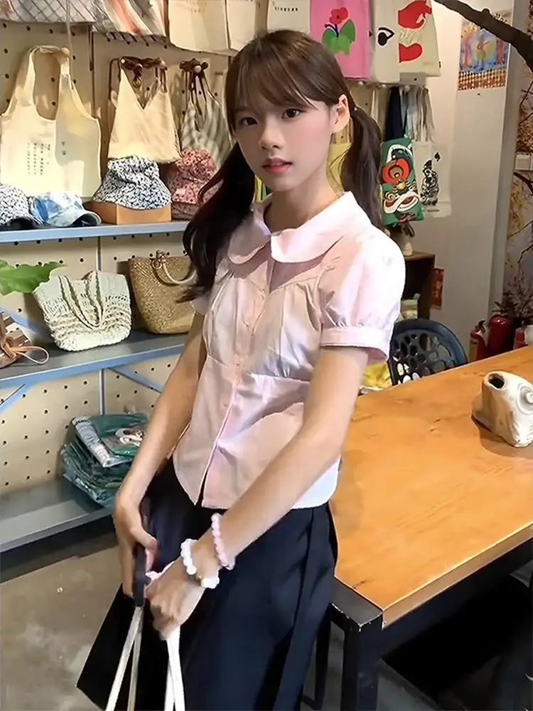 

Розовая женская летняя куртка-ветровка в корейском стиле с воротником-стойкой, короткими рукавами-фонариками, приталенного кроя, модная, для повседневной носки