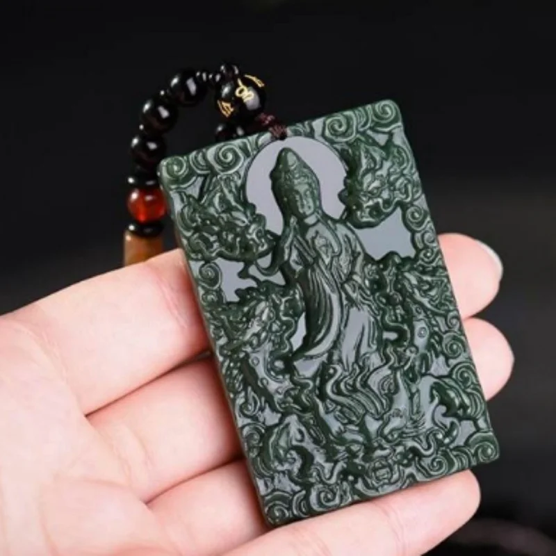 Hetian Gray Domineering Men's Avalokitesvara Kowloon Guan Gong God of War and Wealth Jade Pendant Doub