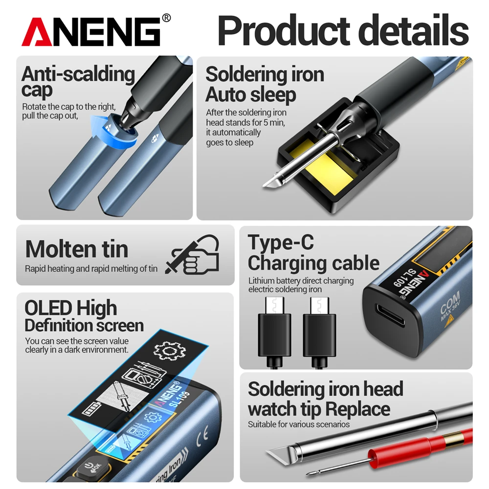 

Электрический паяльник ANENG SL109 с регулируемой температурой 75 Вт, паяльная станция для ремонта, термофен-карандаш для электриков