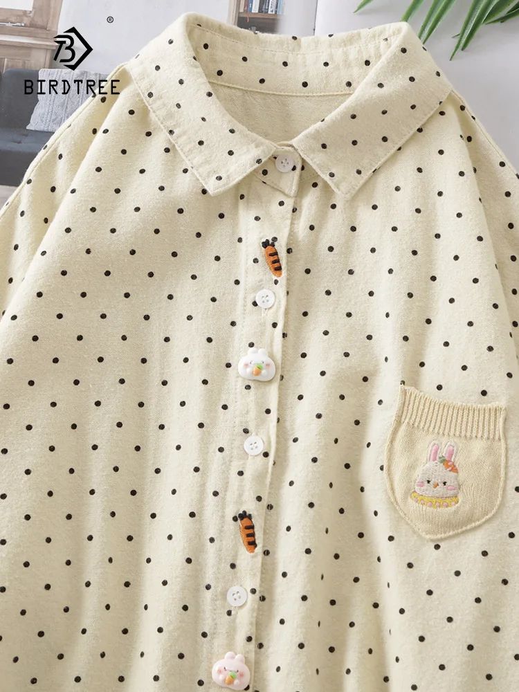 New Autumn Brushed Cotton Long Sleeve Shirt, Women Rabbit Embroidery Pocket Top, Mori Girl Loose Sweet Blouse, Winter T4D916CC