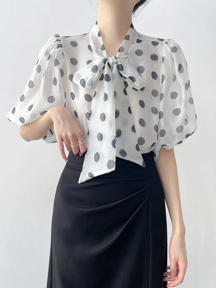 

Chic Korean Sle Polka Dot Micro Transparent Bubble Sve irt Women's Summer Unique Beautiful Small Blouse Silk Top
