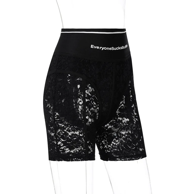 Sexy Lace Patchwork Corset Shorts Pants Summer  Women Letter Zipper Leggings  See Through Short  Trousers