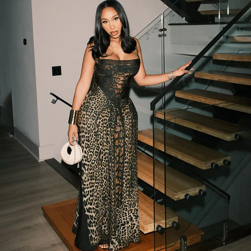 

2026 Новый стиль, сексуальное леопардовое кружевное женское вечернее платье на шнуровке сзади, спагетти без рукавов, лоскутное модное вечернее платье для ночного клуба