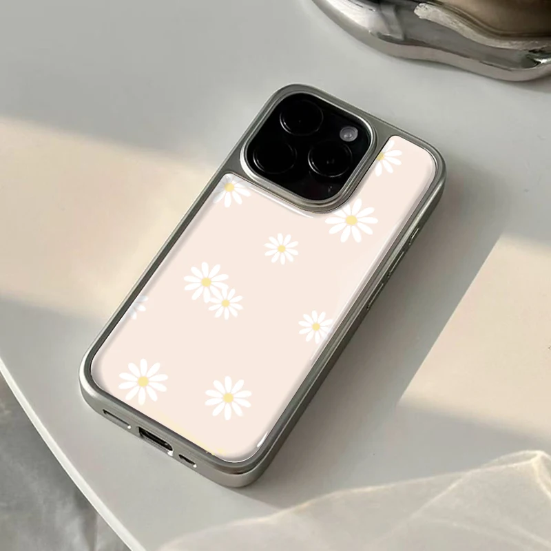 Ins Innocent Little Gänseblümchen druckt Hydrogel-Rückplatte, silberne Rand-stoßfeste Handyhülle für iPhone 17, 16, 15, 14 Pro Max
