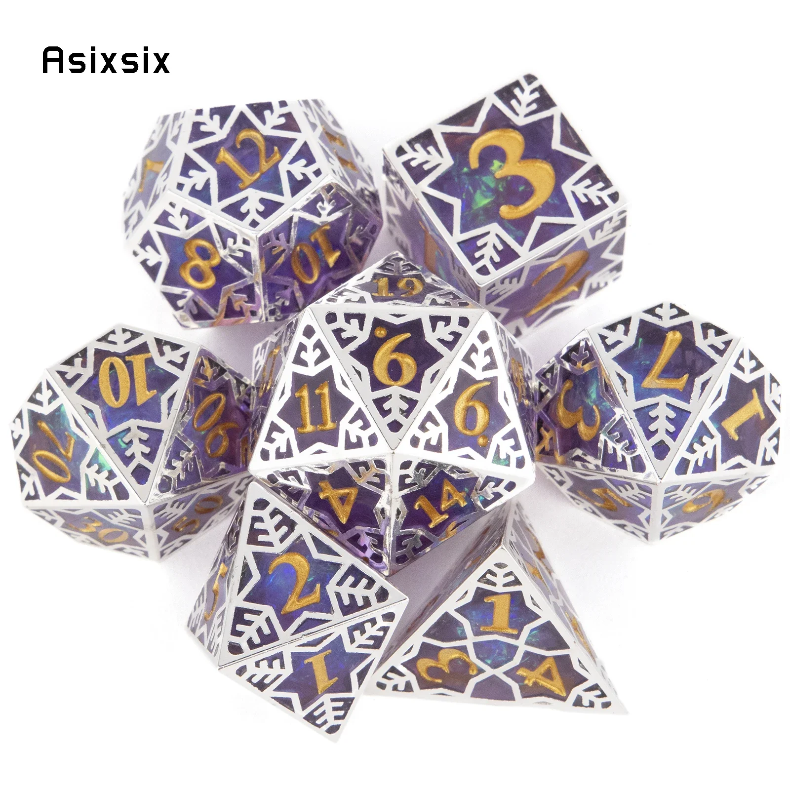 

7 Pcs Purple Snowflake Resin Golden Number Sharp Edge Polyhedral Dice Suitable for Role-Playing RPG Board Game