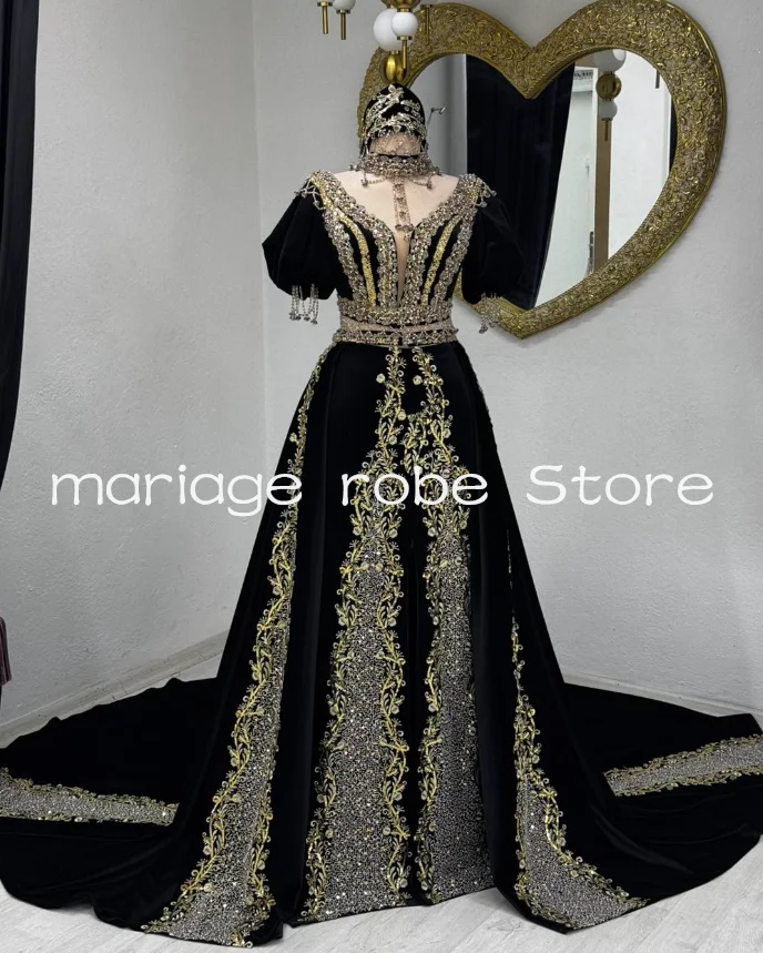 

Black Velvet Three Pieces Prom Dresses Sparkly Gold Caftan Mariage Kaftan Henna Evening Occasion Gown Outfit Customsized