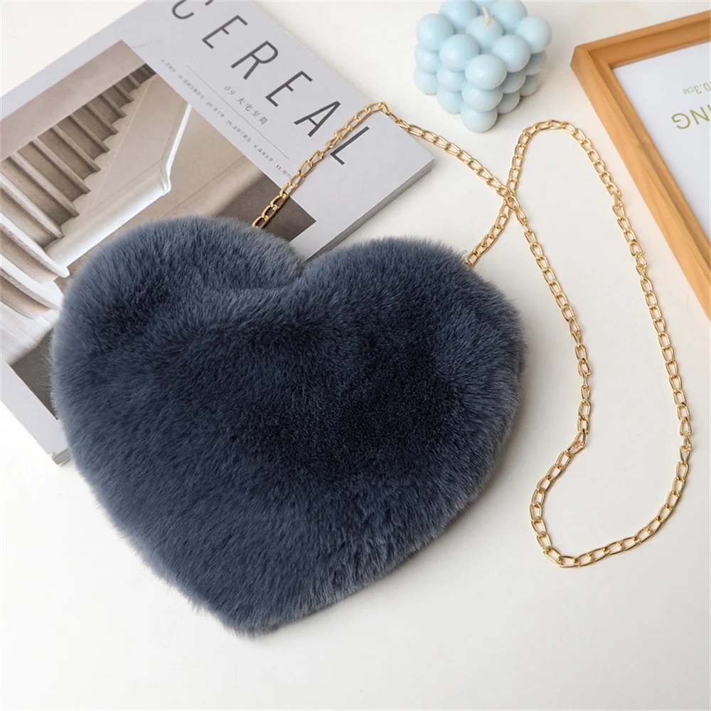 Women\'s Heart Shaped Handbags Cute Kawaii Faux Fur Crossbody Bags Wallet Purse Plush Chain Shoulder Bag Lady Handbag Gifts