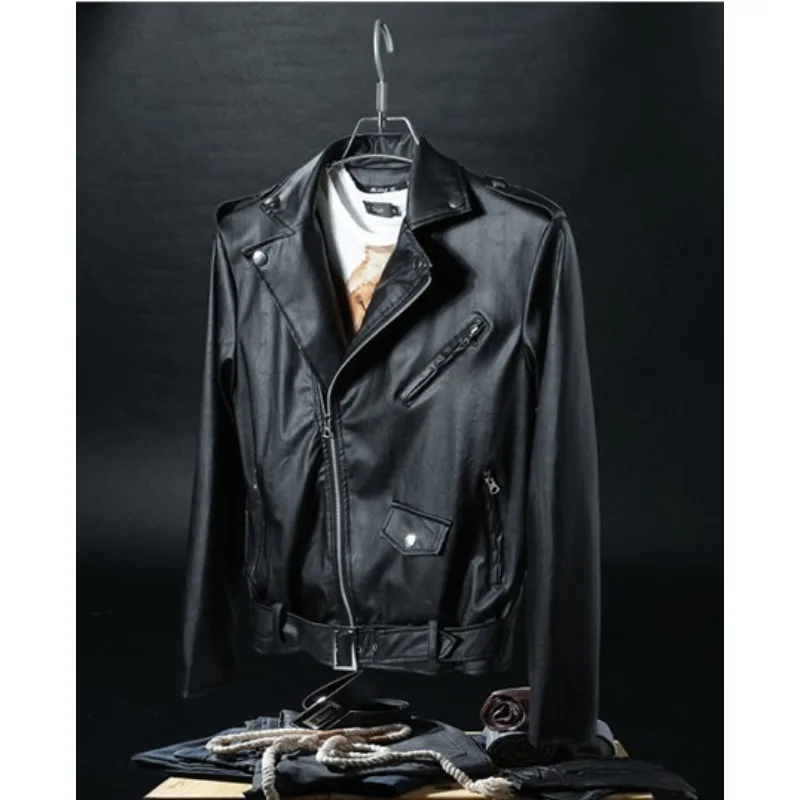 

Мужская кожаная куртка для мотоциклистов, приталенная, повседневная, с воротником-стойкой и диагональной молнией