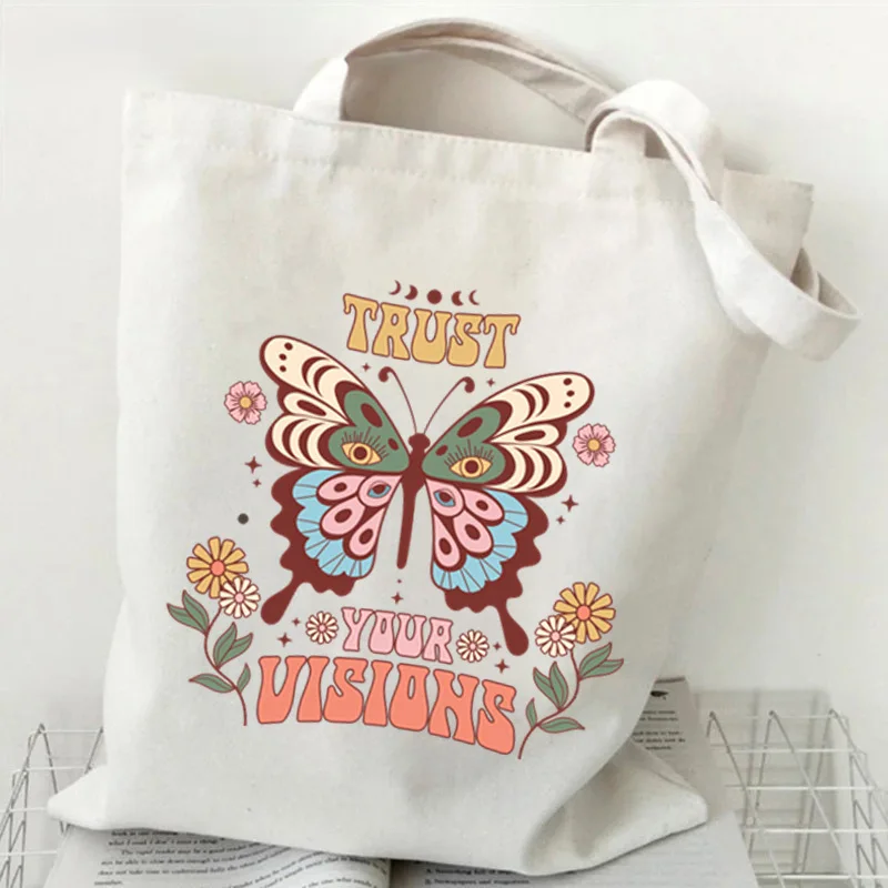 

Butterfly Canvas Shoulder Bag Colorful Letter Flowers Print Women's Vintage Casual Tote Handbag for Shopping Travel Daily Outfit