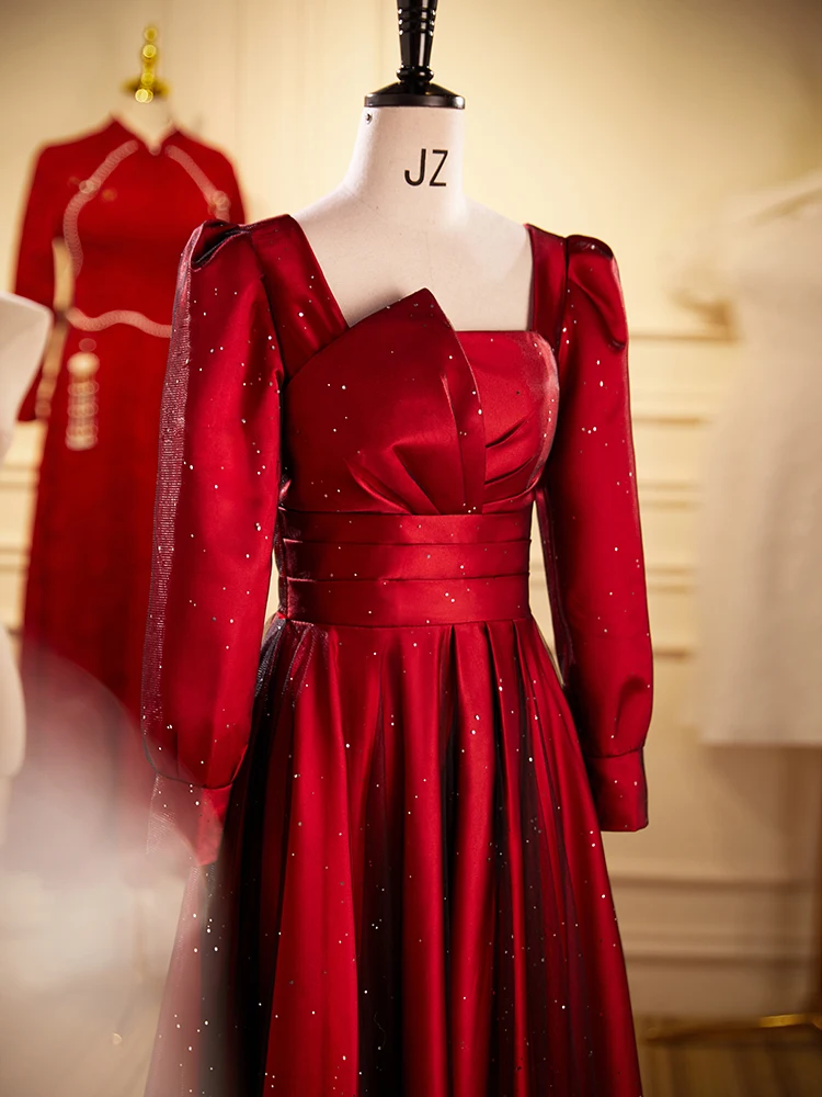 

Bridal Gown Evening Dr Red Satin Wedding Dr Women's High-End Sensation Wine Offering Ceremony Qiumenfu Cus-Made