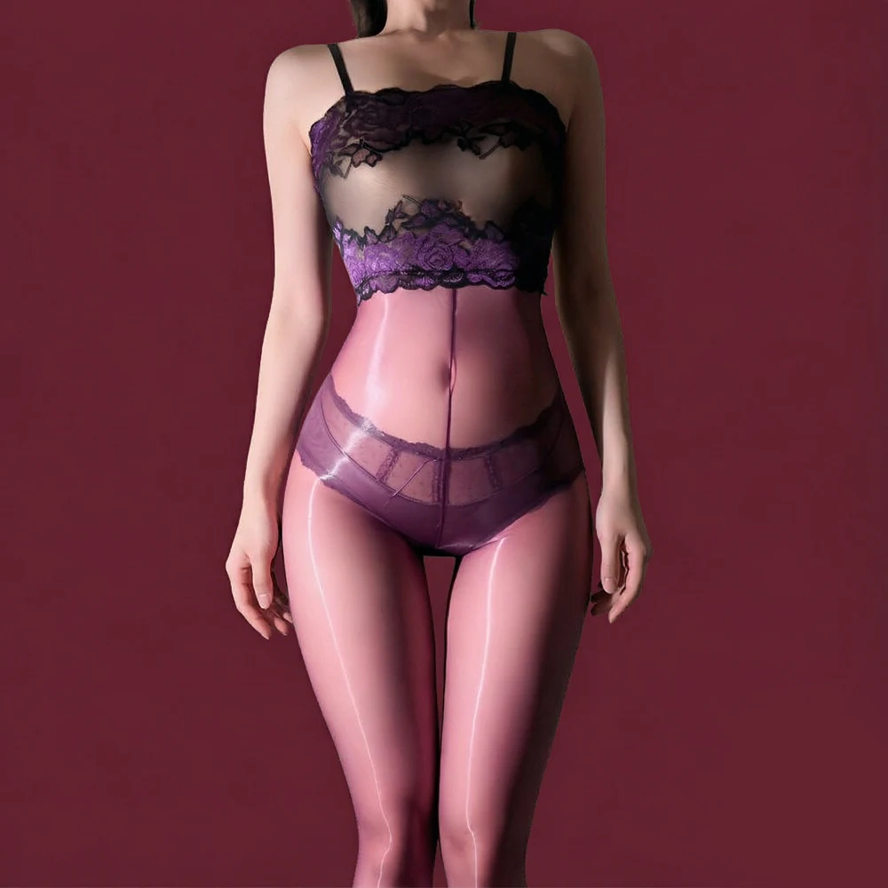 Sexy Women Lace V Neck Off Shoulder Bodysuit 5D Oil Shiny Glossy Elastic Shaping Tights See Through Backless Sleeveless Jumpsuit
