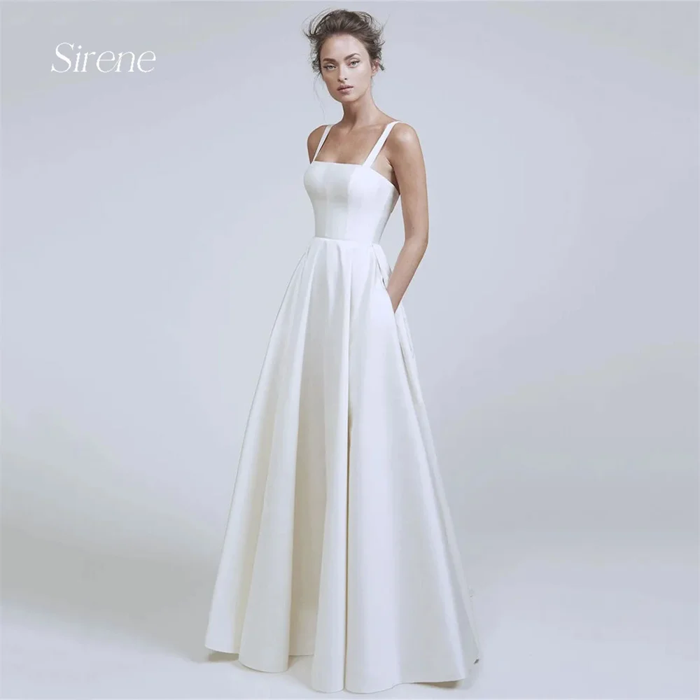 Sirene Simple Spaghetti Straps Satin Wedding Dresses Elegant A-Line Backless Square Collar Sleeveless Floor Length Bridal Gowns