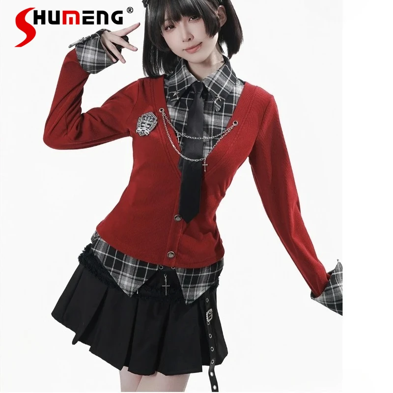 

2026 Spring New Japanese Red And Gray Elegant Slim-Fit Fake Two-Piece Knitwear Top For Women's Y2k Long-sleeves Sweater Coat