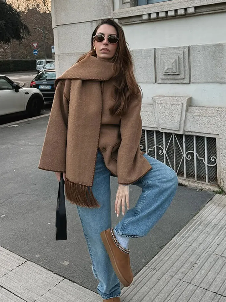 

Tassel Scarf Collar Woolen Coat Solid Color Single Breasted Loose Outdoor Daily Street Jacket 2025 New Fashion Style Outwear