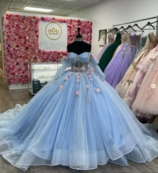 ANGELSBRIDEP Glittering Blue Quinceanera Dresses Crystals 3D Flowers Off Shoulder Long Sleeves Beading Vestidos De 15 Anos Party