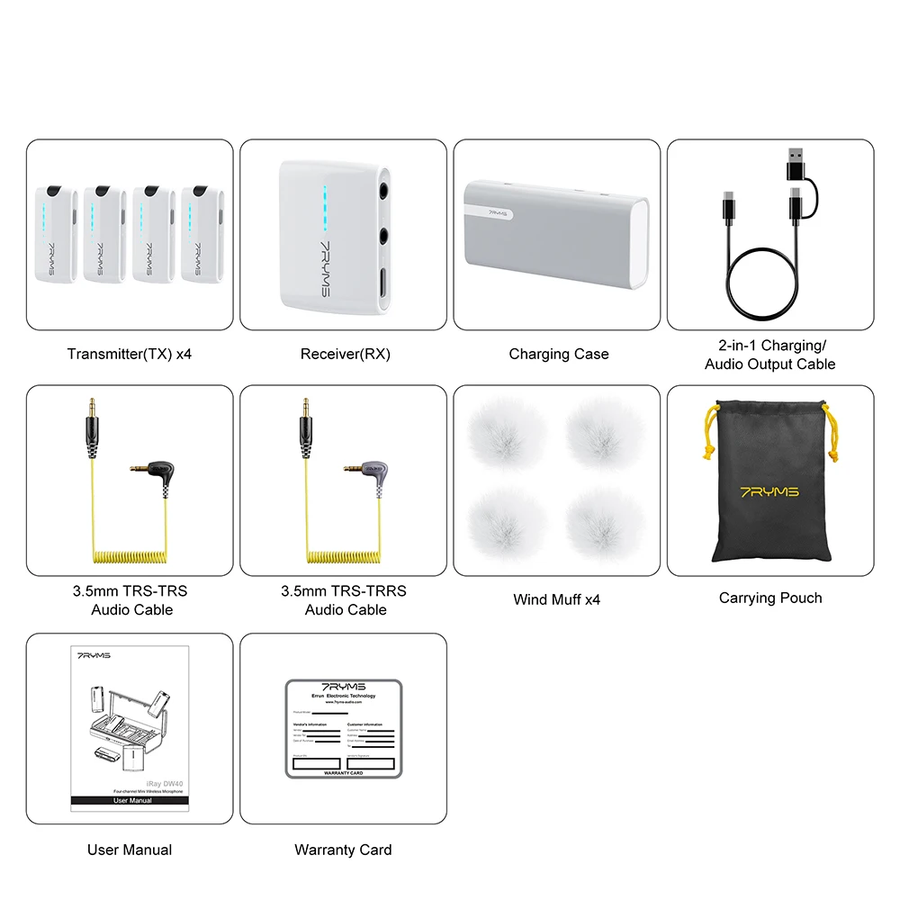 7Ryms IRay DW40 draadloze lavaliermicrofoon met 4 zenders, 48 kHz/24 bit opname, AI Denoise voor camera, smartphone en pc