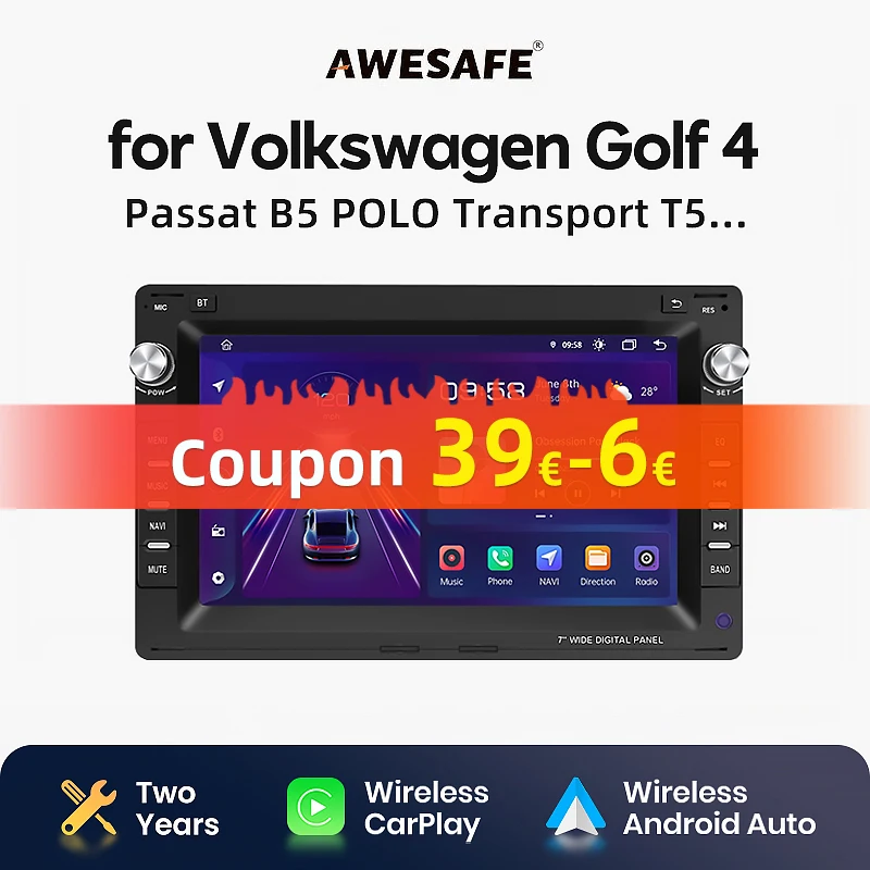 AWESAFE Carplay android Auto Radio for VW Golf 4 Passat POLO Transport T5 Multivan Seat Jetta Car Multimedia GPS 2din autoradio