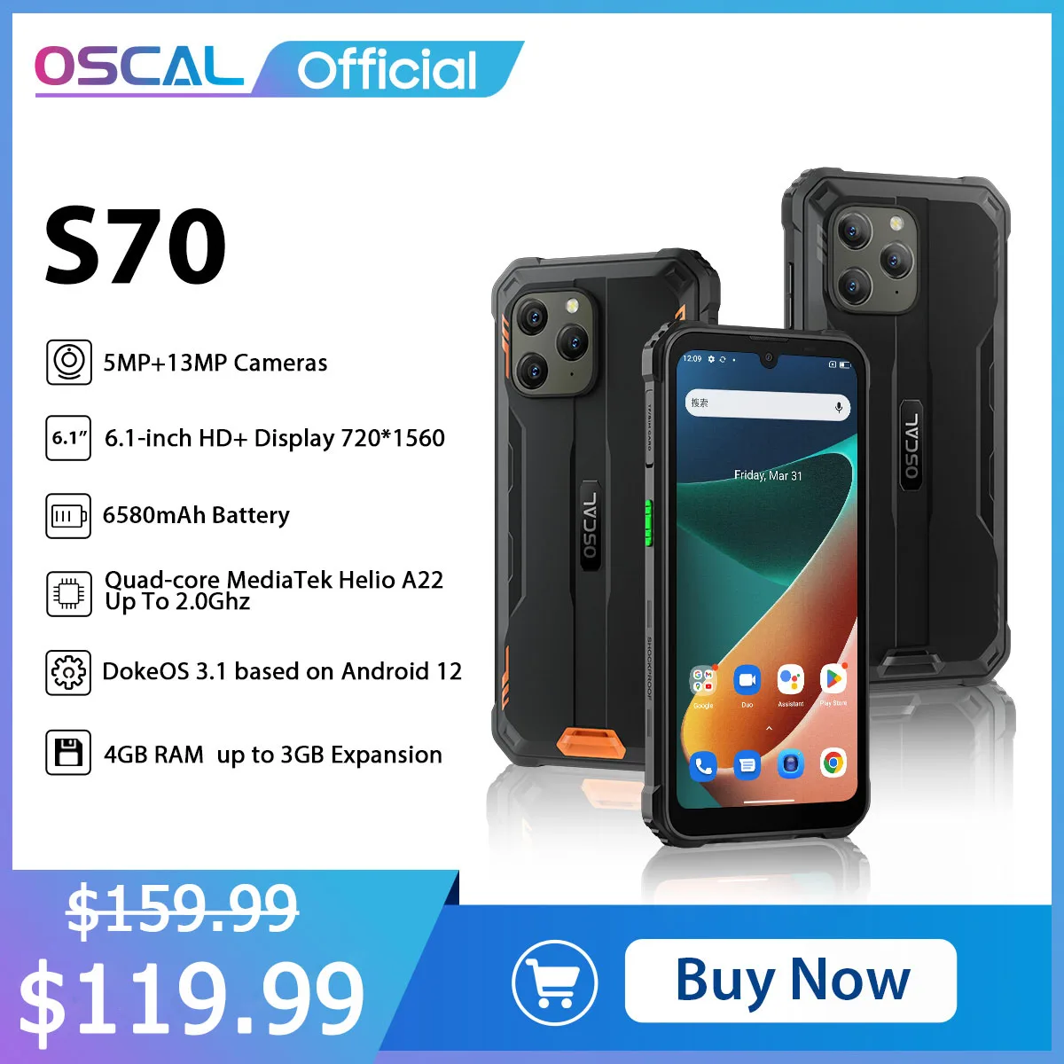 OSCAL S70 IP68 Waterproof Rugged Helio A22 Android 12 6580mAh 6.1