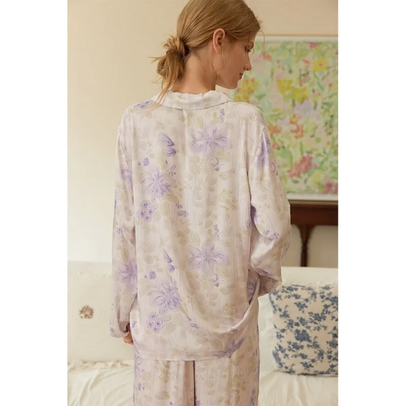 2024 Satin Lapel Purple Light Elegant Vertical Stripe Flower Printing Pajamas Women Cotton Silk Long Sleeve Trousers Sleepwear