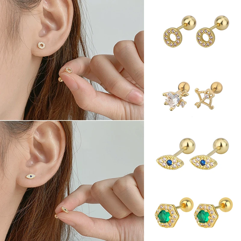 Neue Koreanische Design Gold Farbe Evil Eye Glänzende Zirkonia Ohrringe für Frauen Huggie Punk Piercing Schraube Schmuck Geburtstag Party Geschenk