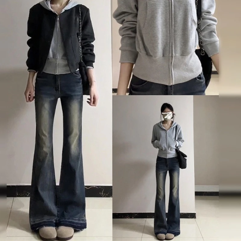 

2025 New Korean Gray Hooded Sweatshirt Jacket for Women in Autumn and Winter, Small Slim Short Top, Thick Top