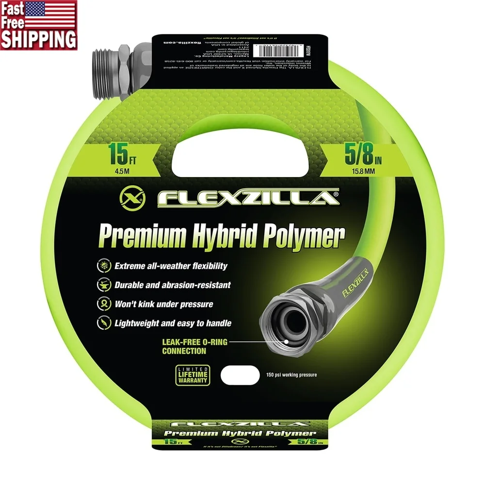 

Heavy Duty Garden Utility Hose 5/8in x 15ft Flexible Hybrid Polymer Lightweight Durable Leak-Free UV Resistant Outdoor Use