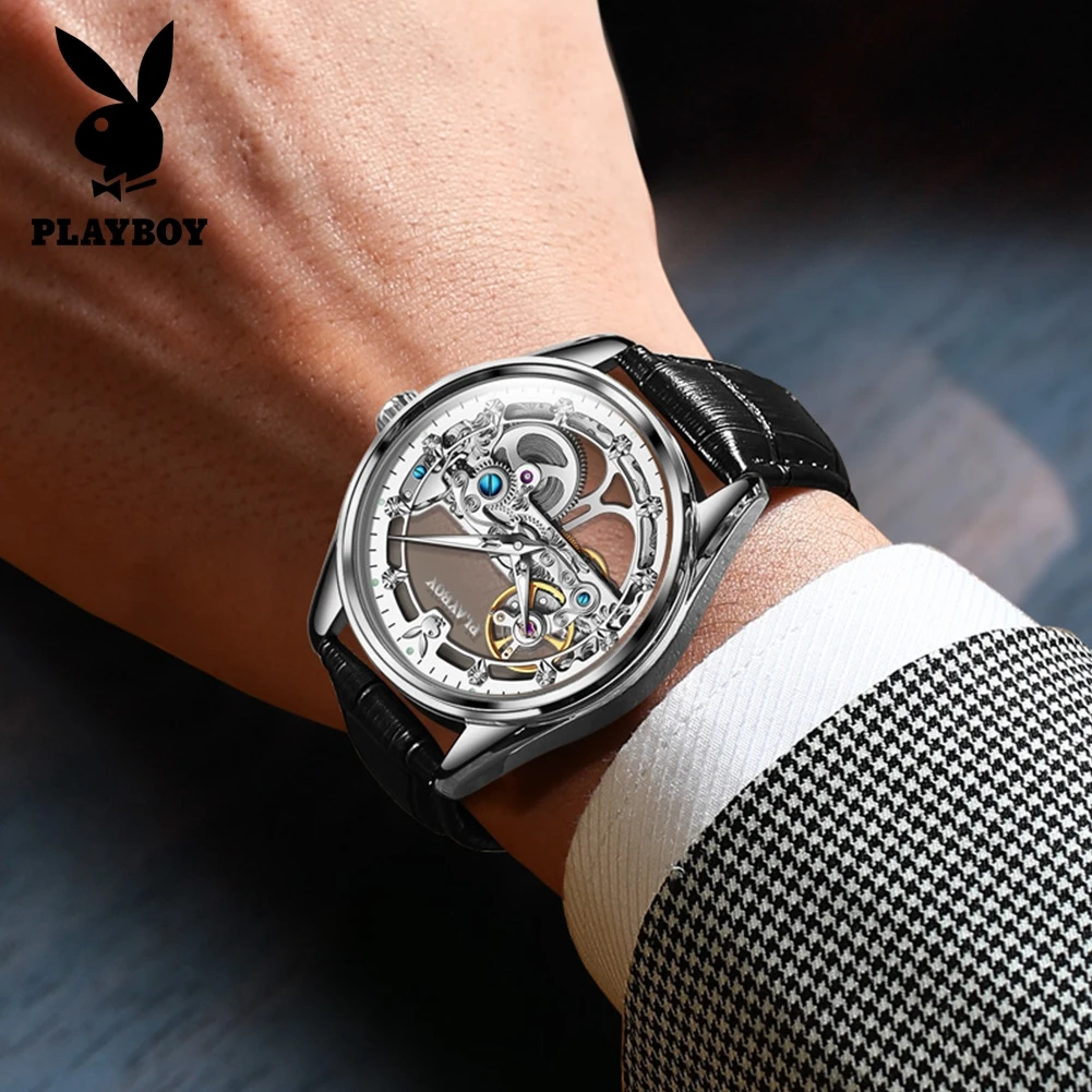 PLAYBOY New Fashion Watch for Men Original Skeleton Leather Strap Automatic Mechanical Man Watch Classic Luxury Wrist Watch Men