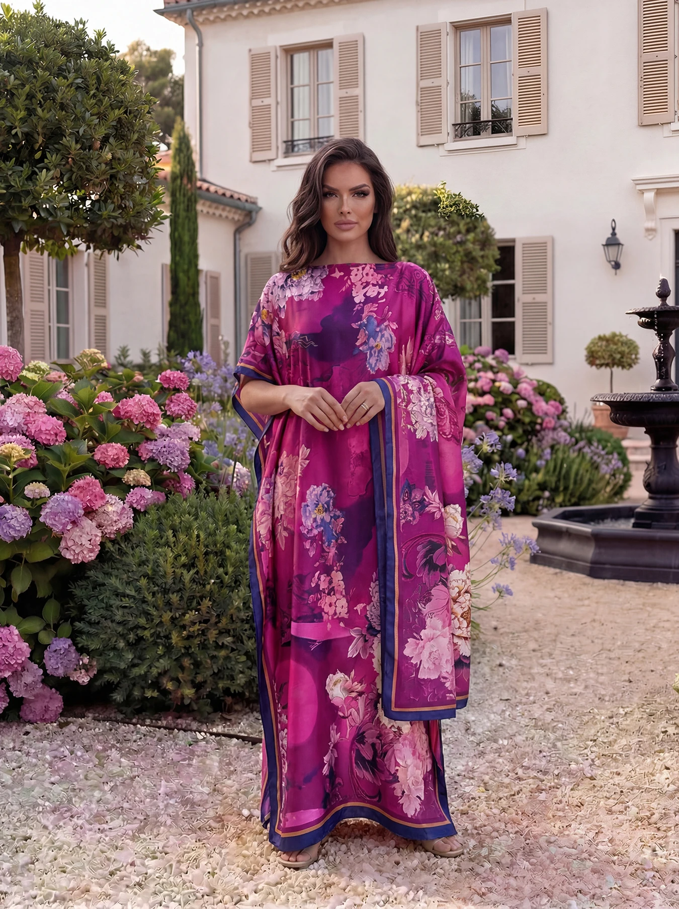 Stunning Floral Print Abaya 2 Piece Set for Women, Silky Kaftan Long Dress and Hijab, Luxury Islamic Party & Daily Wear