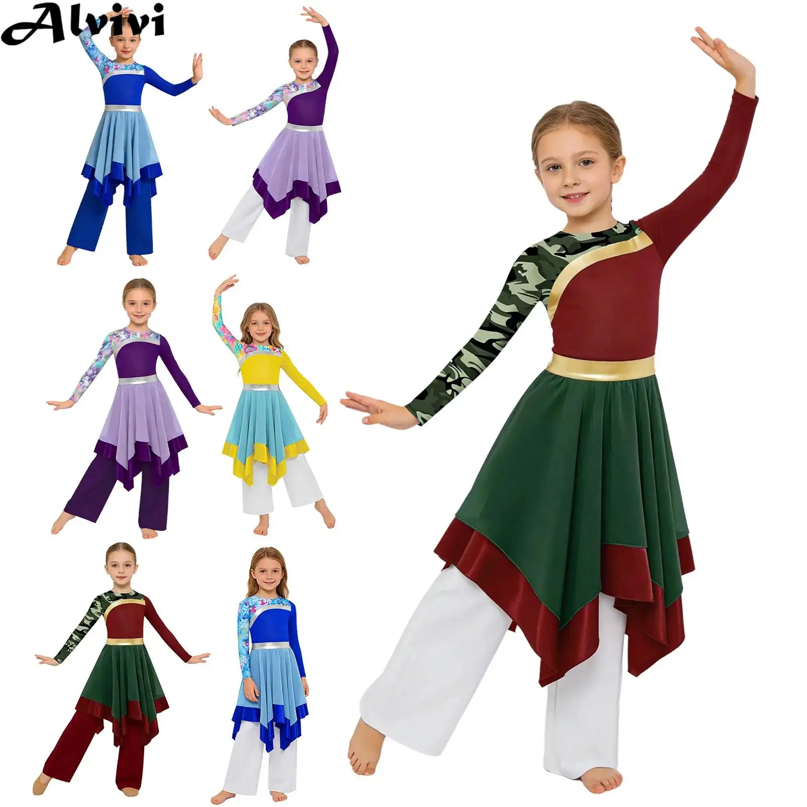 

Kids Girls Long Sleeve Liturgical Worship Praise Choir Dance Dress with Wide-Leg Pants Modern Lyrical Dance Performance Costume