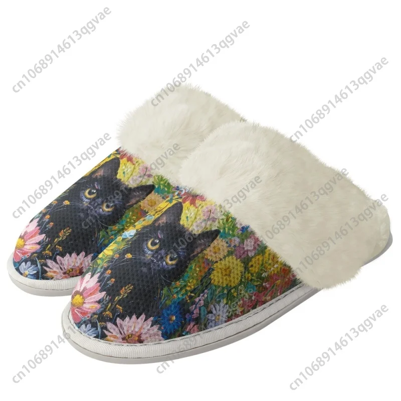 

Black Cat in The Flowers Series Slippers Mens Womens Home Cotton Plush Bedroom Keep Warm Custom Thermal Lightweight Slipper