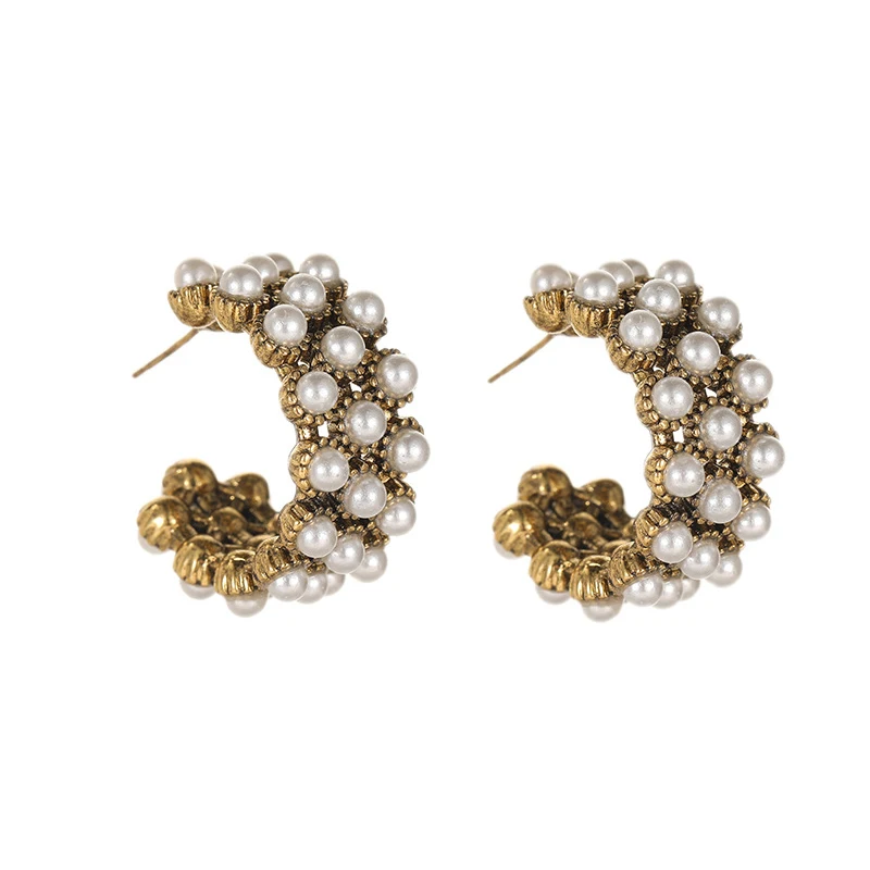 Vintage Metal Imitation Pearl Post Earrings For Women C Shape New Heavy Fashion Jewelry Timeless Accessories Holiday Gifts C1768