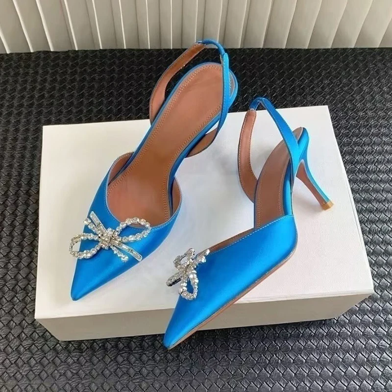 

New Pointed Toe Butterfly-knot Rhinestone Decor Sandalias Women Satin Sexy Thin Hight Heels Sandals Summer Party Dress Shoes