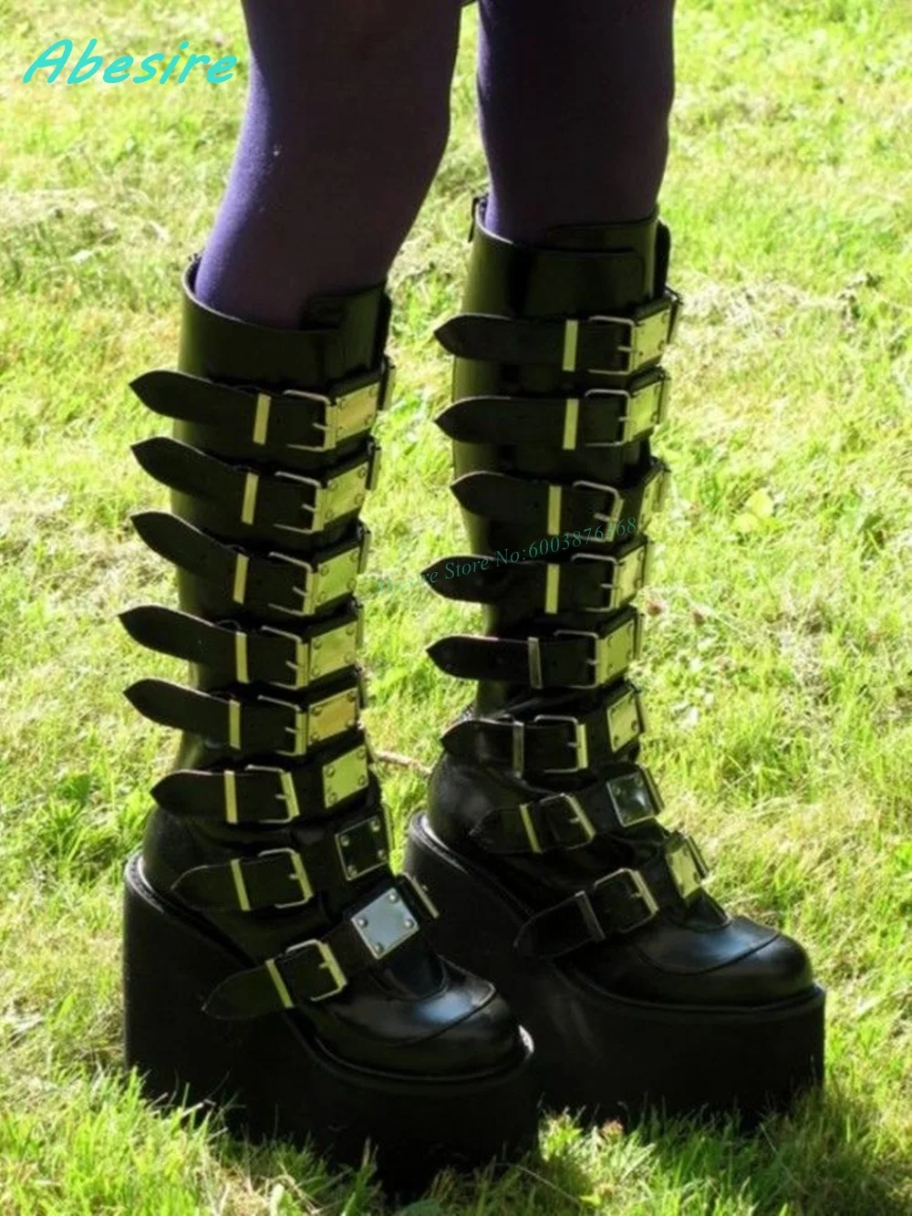 Punk Multi Metal-Buckles Platform Knee High Boots Round Toe Wedges Back Zipper Shoes for Women Rock Lolita Gothic Cool Shoes New view 3