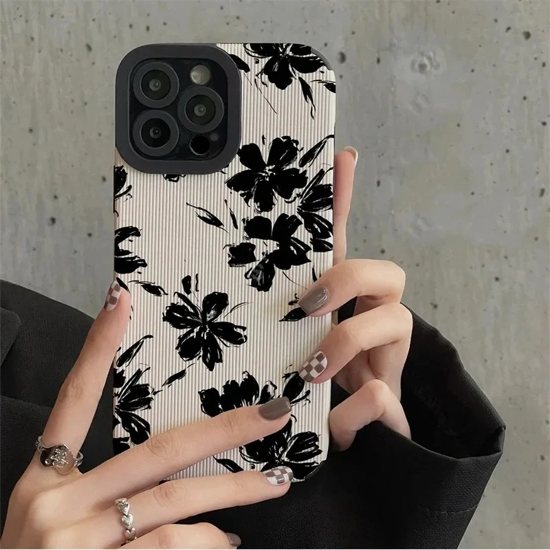 Retro Simple Ink Painting Flowers Case For iPhone 15 14 13 12 11 Pro Max 15 14plus 12 13Mini X XR XS Max 7 8Plus Soft Back Cover