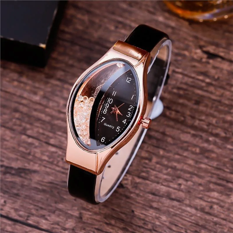 Elegant Women Crystal Oval Dial Quartz Wrist Watches Lady Leather Strap Casual Watch Gift