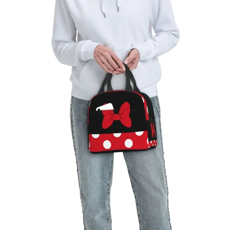 Cartoon Minnie Portable Lunch Boxes Waterproof Animated Polkadots Thermal Cooler Food Insulated Lunch Bag Kids School Children